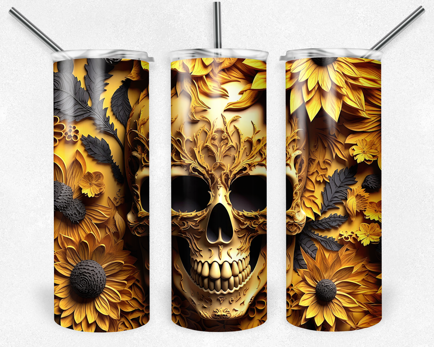 3D Sunflower Skull Tumbler
